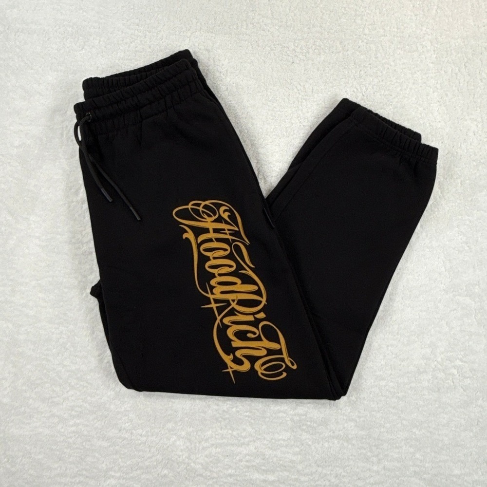 Hoodrich Mens Medium OG Core Joggers Black Gold Script Graphic Sweatpants NWT